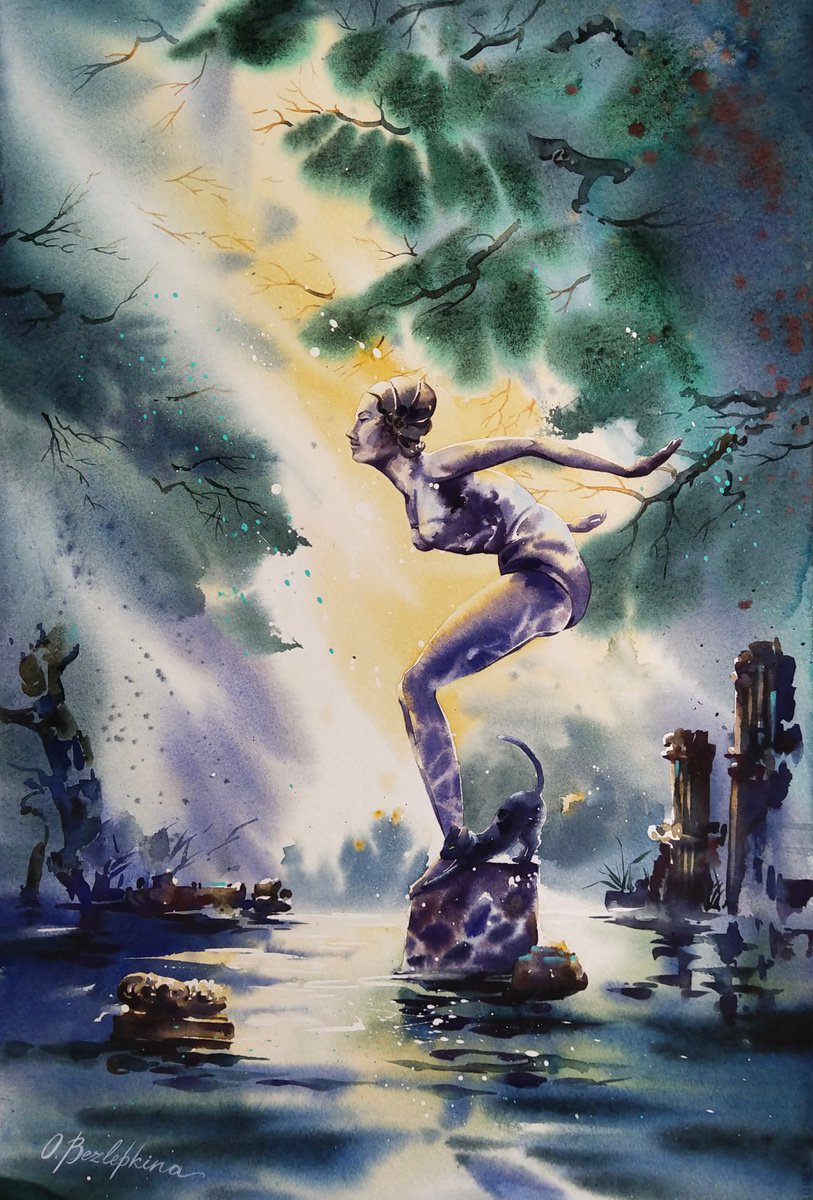 Leaping into the water - swimmer girl park sculpture in post-apocalyptic world by Olga Bezlepkina