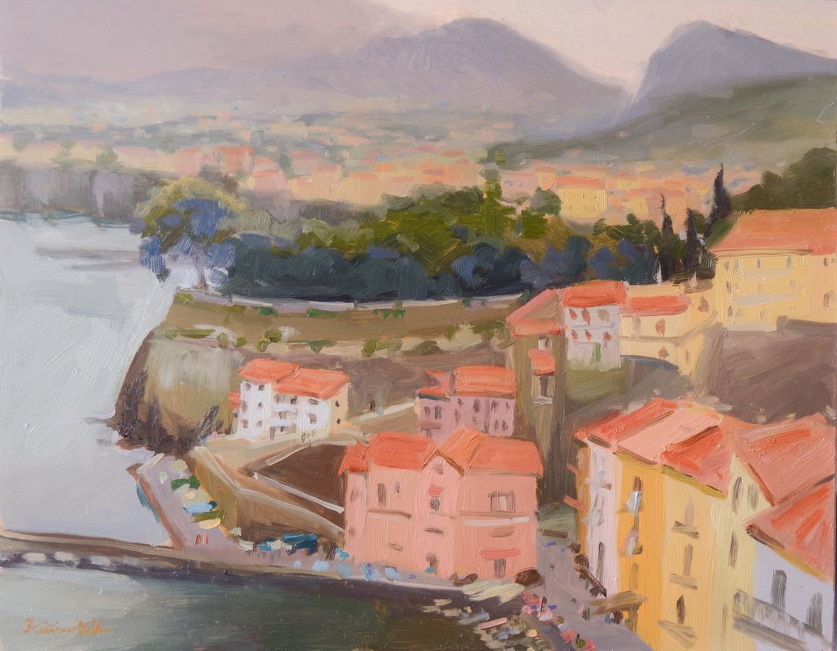 Impressionistic Cityscapes Oil Painting By Kristina Sellers, 19 X 15", Sorrento Mist, Original Artwork