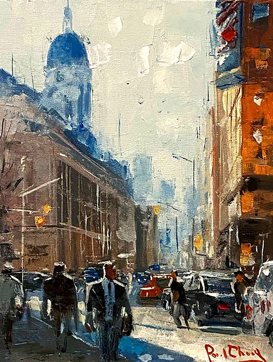 Impressionistic Cityscapes Oil Painting By Paul Cheng, 9 X 12", Busy Street, Original Artwork
