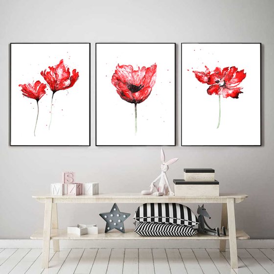Red flowers art, 3 pieces