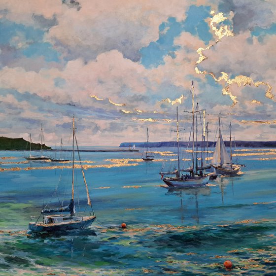 Morning on the bay (mixed-media, acrylic and gold leaf) (36x48x1.5")