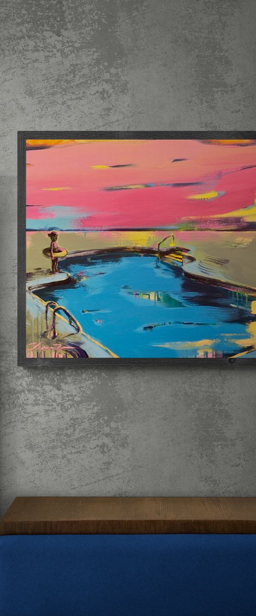 Bright painting - "Girl with float" - Pop Art - Landscape - Swimming pool by Yaroslav Yasenev