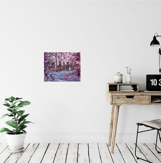 New York Painting Cityscape Original Art NYC Small Oil Impasto Cherry Blossom Tree Artwork Home Wall Art 10 by 8" by Halyna Kirichenko