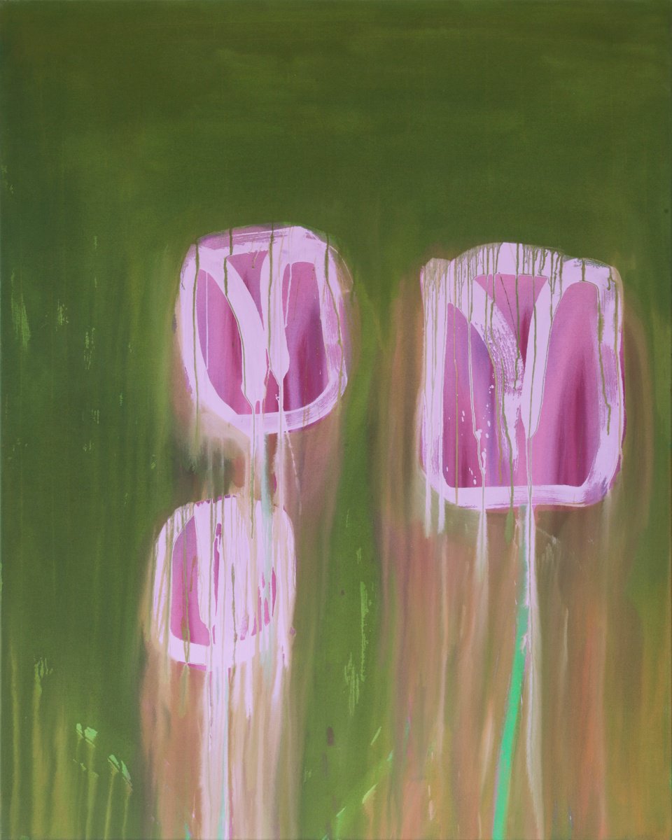 Talking Fast / Magenta Tulips On Dark Green by Simon Findlay
