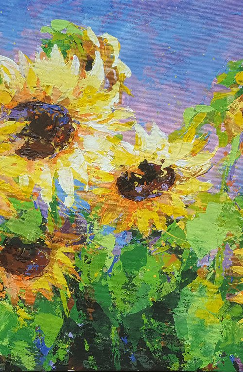 Yellow sunflowers on blue sky by Viktoria Lapteva