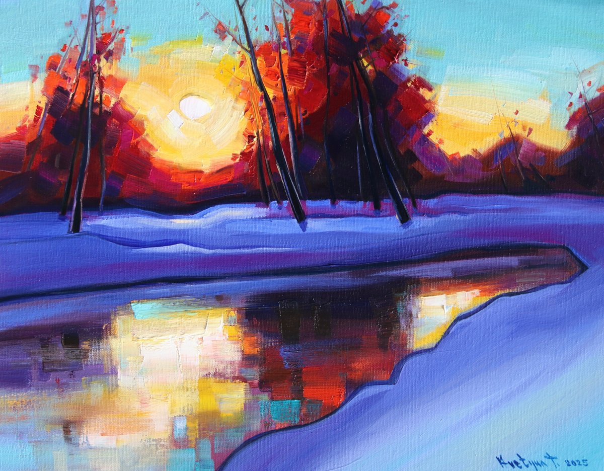 Impressionistic Landscape Oil Painting By Tigran Avetyan, 18 X 14", Winter Morning, Original Artwork