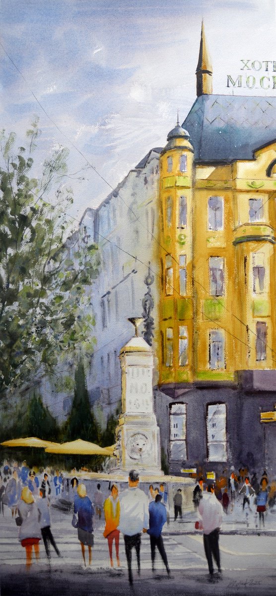 Impressionistic Cityscapes Watercolour By Nenad Kojic, 19 X 38", Terazije Beograd, Original Artwork