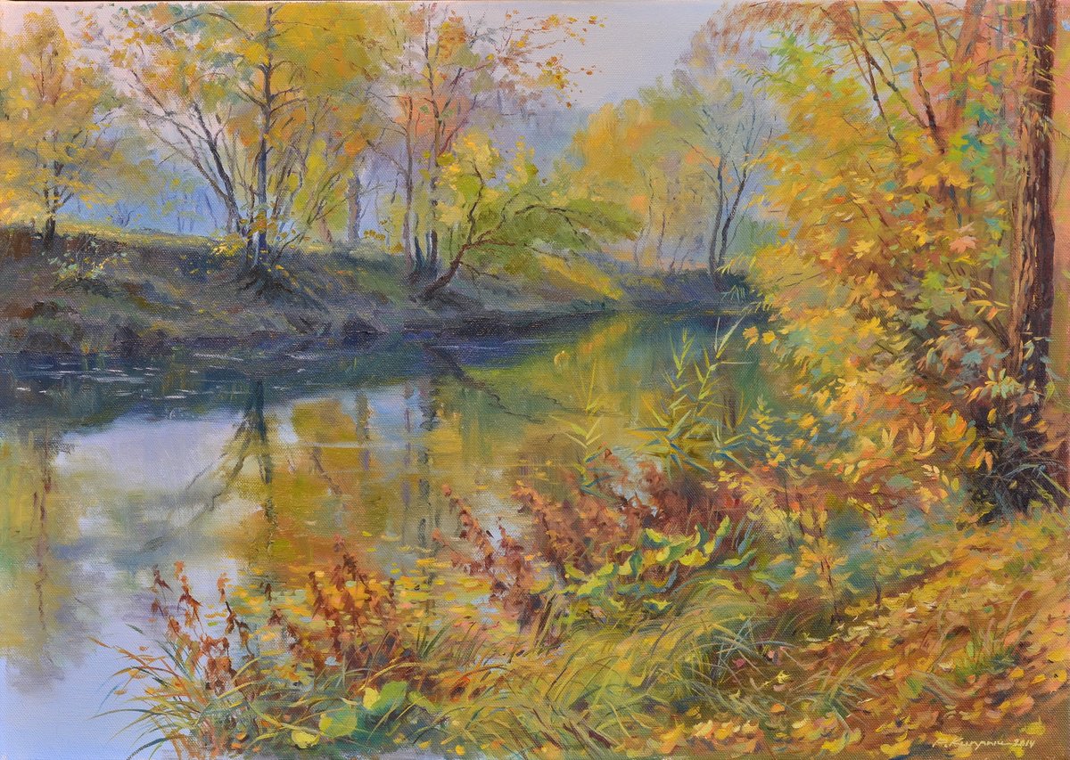 Impressionistic Landscape Oil Painting By Ruslan Kiprych, 28 X 20", Walking October, Original Artwork