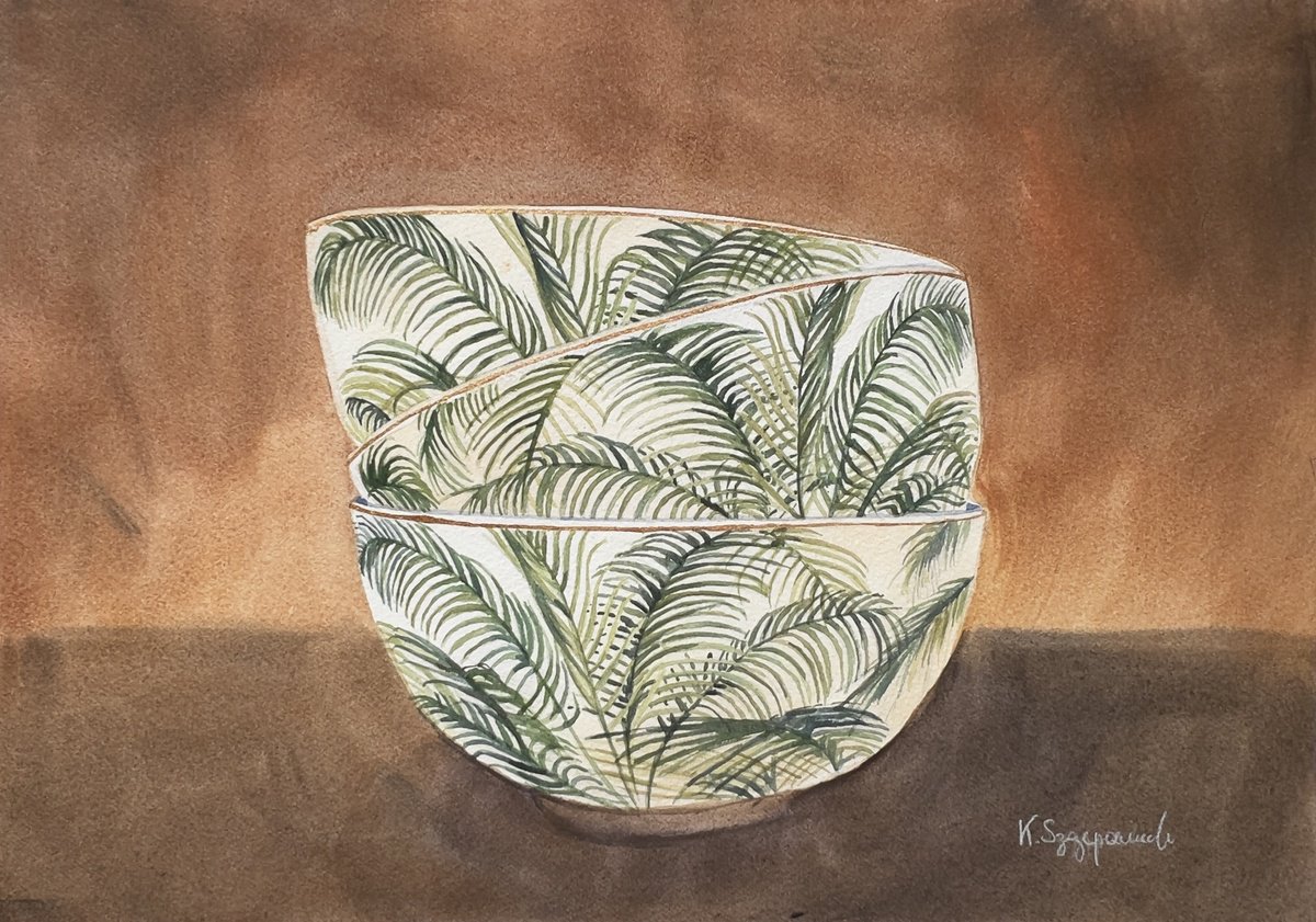 Impressionistic Watercolour , Palm Bowls By Krystyna Szczepanowski, 14 X 10, Artwork For Sale On Artfinder