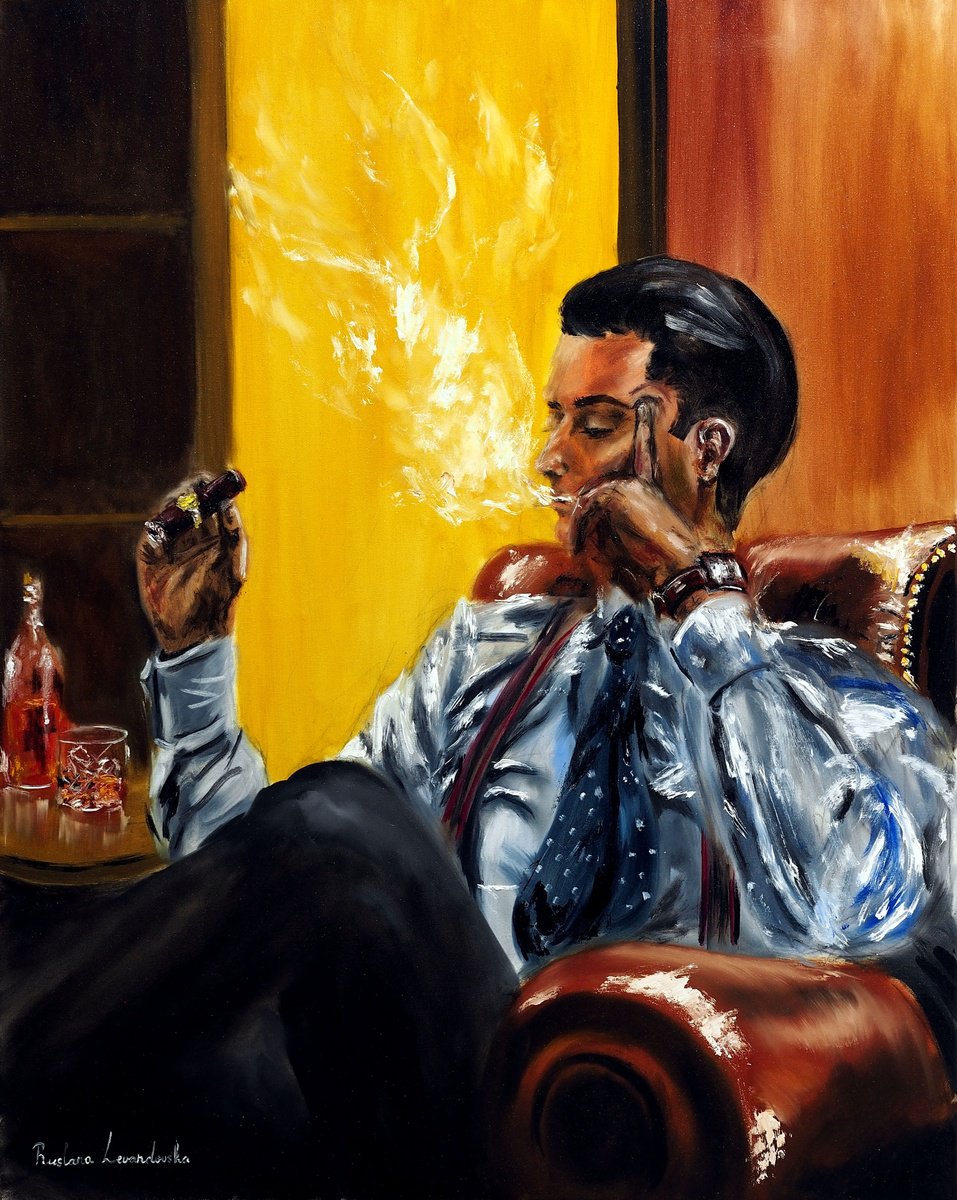Impressionistic Portrait Oil Painting By Ruslana Levandovska, 24 X 30", Gentleman With A Cigar, Original Artwork