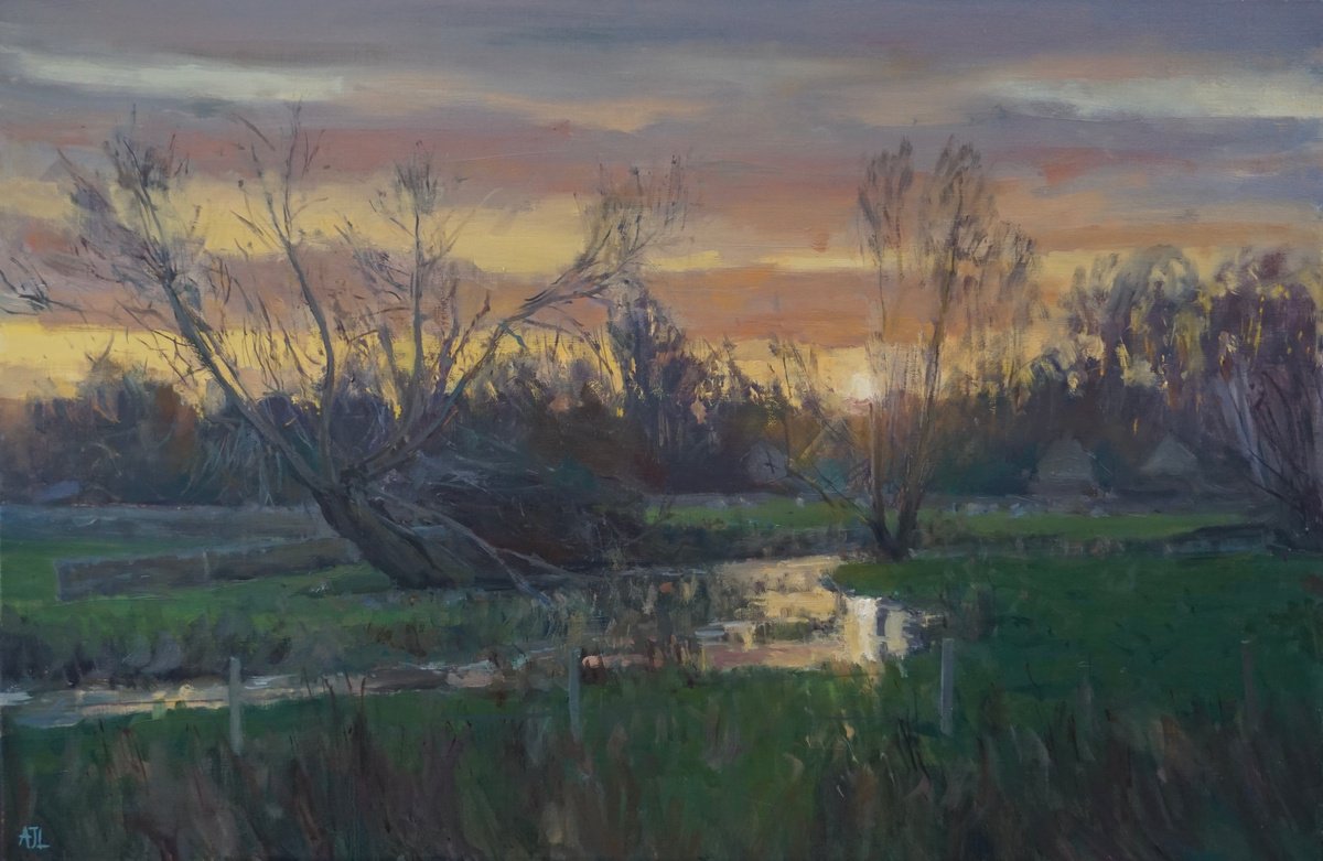 Impressionistic Landscape Oil Painting By Alex James Long, 30 X 20, Winter Sunset, Asthall, Original Artwork