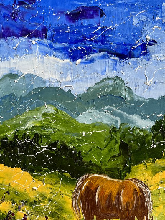 Alps Painting Mountains Original Art Swiss Alps Impasto Horse Oil Artwork Switzerland Home Wall Art 12 by 16 by Halyna Kirichenko