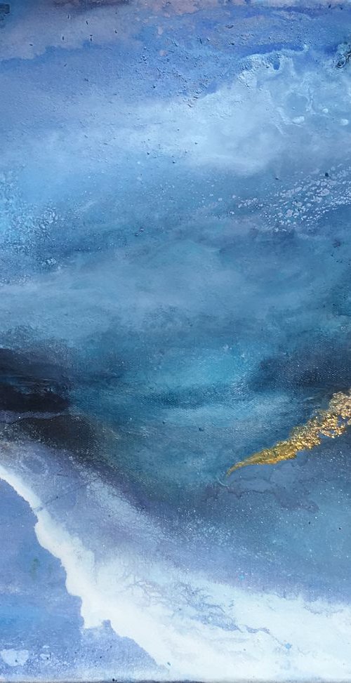 "Sapphire sky" abstract seascape dreamy atmospheric  mountains blue turquoise and gold leaf by Henrieta Angel