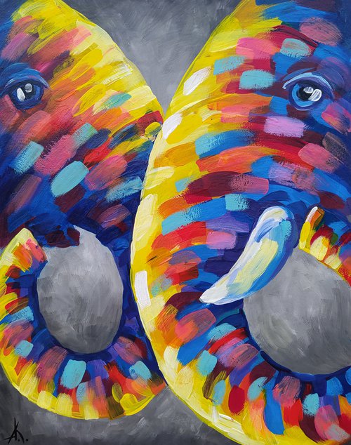 Embrace - elephants, mother, acrylic, elephant, mother's love, Africa, love, animals, gift for mother, acrylic painting, Impressionism, gift. by Anastasia Kozorez