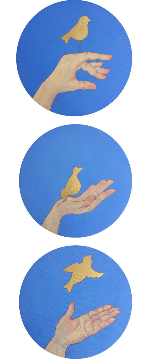 Triptych original mixed media paintings- Hands and birds - Set of 3 round canvas for living room (2021) by Olga Ivanova