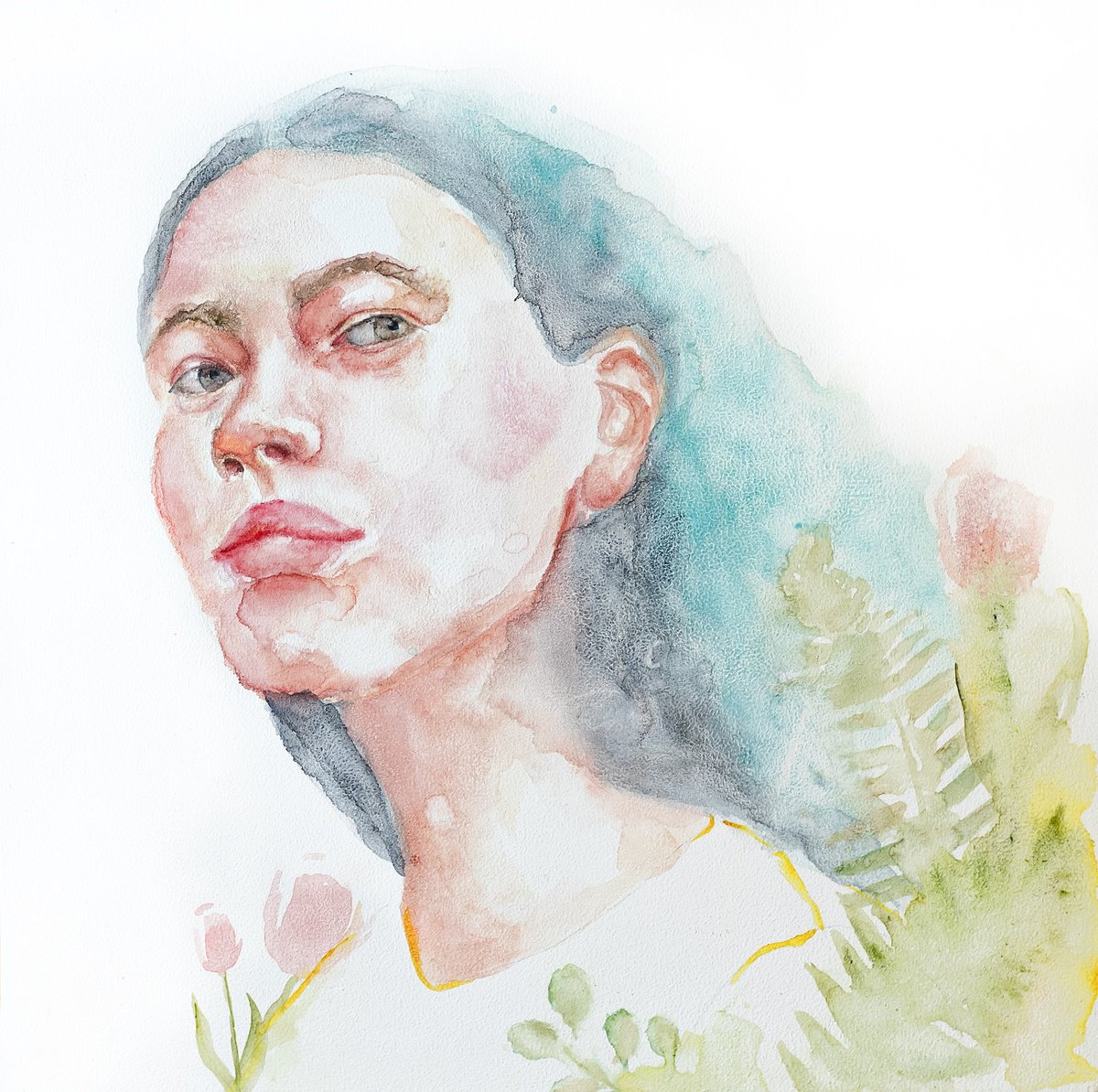 Surrealistic Portrait Watercolour By Anastasia Bas, 12 X 12, Freshness, Original Artwork
