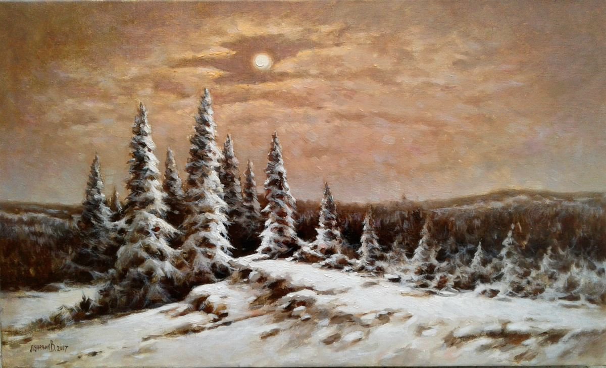 Impressionistic Landscape Oil Painting By Vladimir Lutsevich, 20 X 12", Moonrise In The Forest, Original Artwork