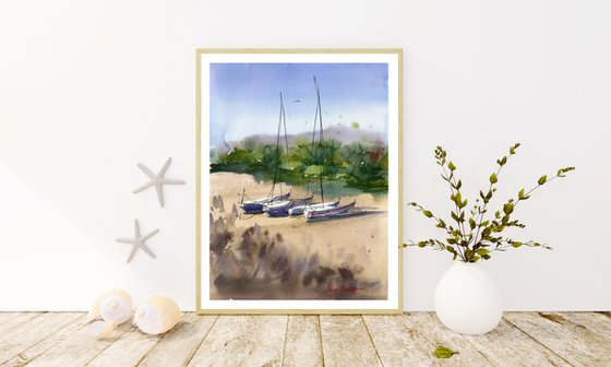 On the beach original  watercolor painting seaside, coastal wall art medium, above bed decor, gift for sea lover