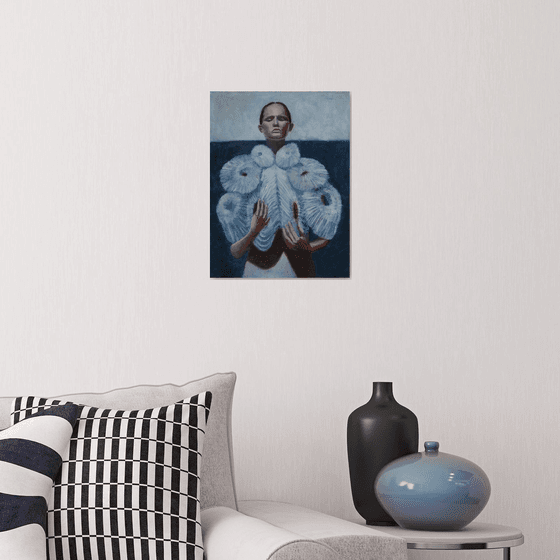 contemporary painting of fashion model in blue and white colors