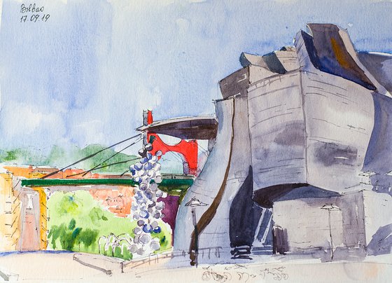 Bilbao, Donostia. Watercolor live sketch of Museum Guggenheim. URBAN WATERCOLOR LANDSCAPE STUDY ARTWORK SMALL CITY LANDSCAPE SPAIN GIFT IDEA INTERIOR street