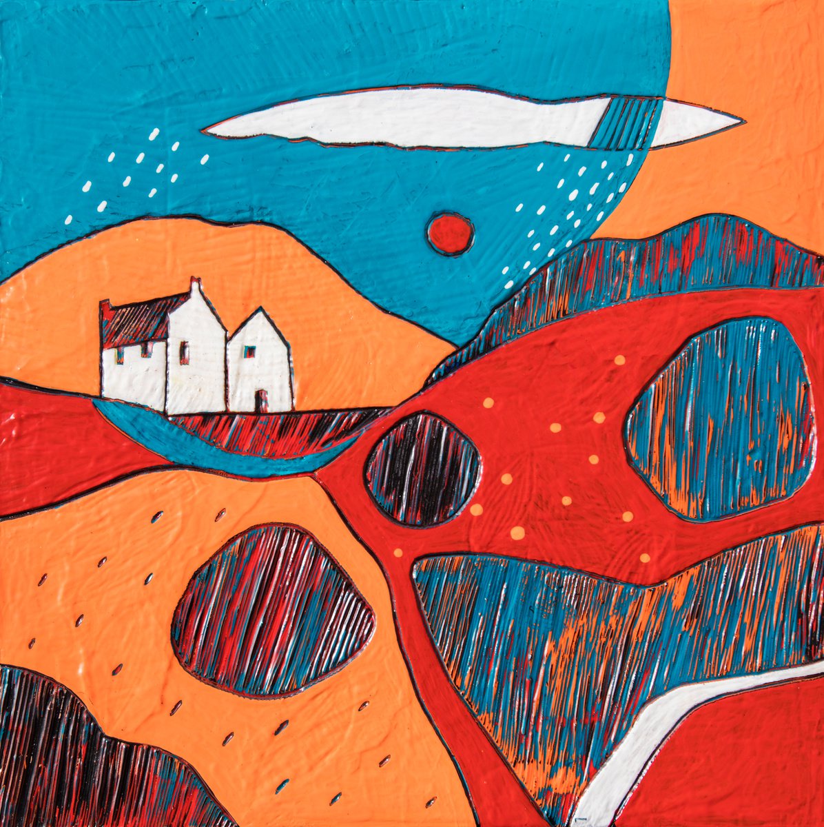 Naive Landscape Acrylic Painting By Ariadna De Raadt, 12 X 12, ?arved Landscape 5, Original Artwork