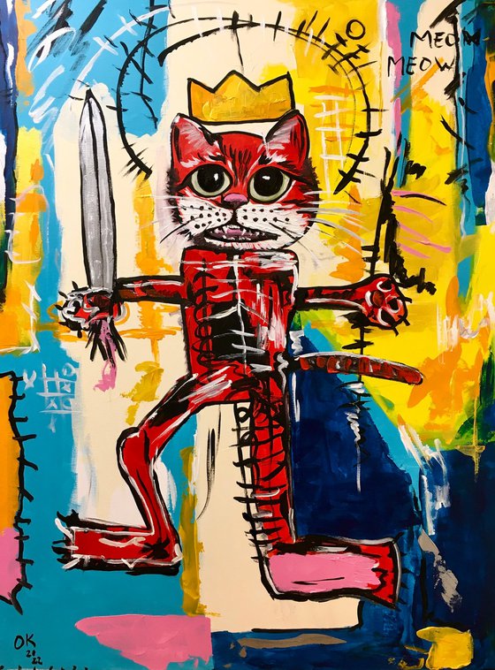 Red Cat Warrior  #3  (101 x 81 cm , 40 x  32inches ) version of painting  by Jean-Michel Basquiat  “Warrior “