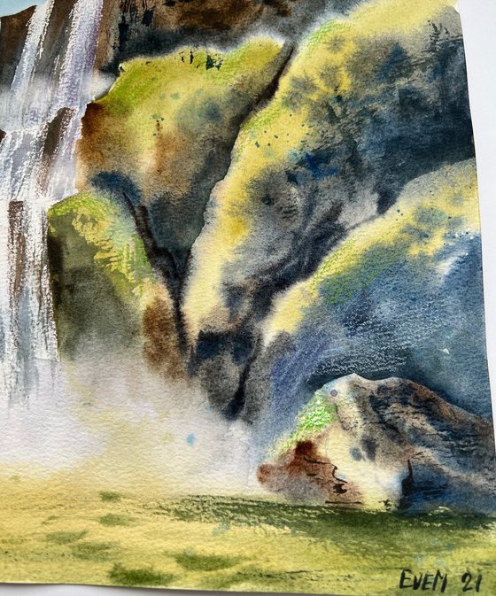 Waterfall. Summer landscape. Watercolor artwork.