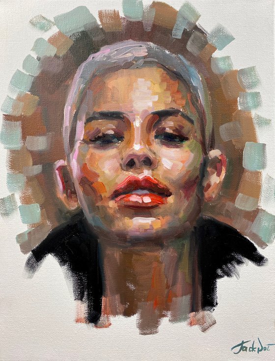 Beautiful woman oil contemporary portrait painting portrait French american art Original wall art by Evgeny JackPot