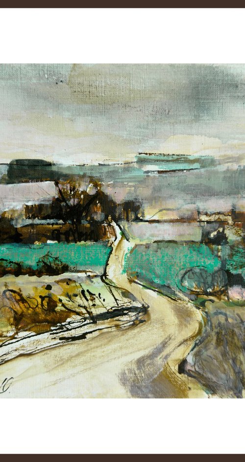 Road among fields. Abstract drawing. by Olha Laptieva