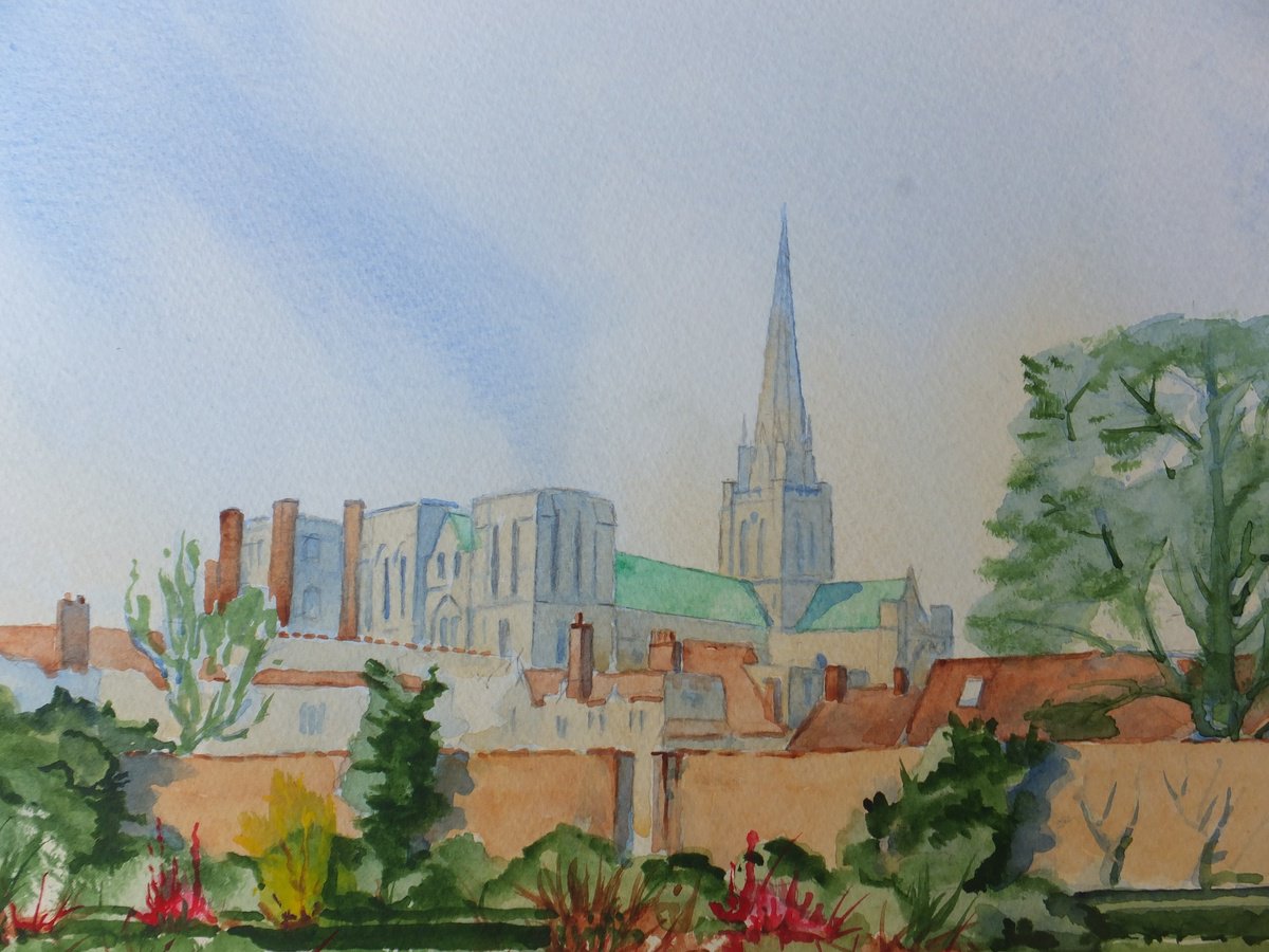 Photorealistic Cityscapes Watercolour By David Harmer, 19 X 15, Chichester Cathedral, Original Artwork