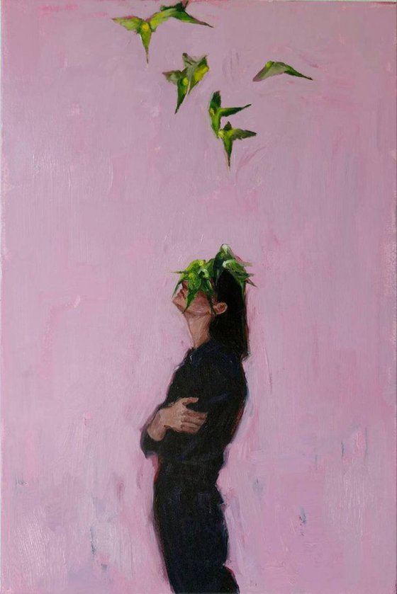 "Parrots" Dreamy girl parrot oil art