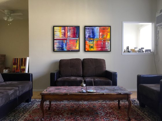 "Birds Of A Feather" - Save As A Series - Original PMS Abstract Diptych Oil Paintings On Plexiglass, Framed - 52" x 26"