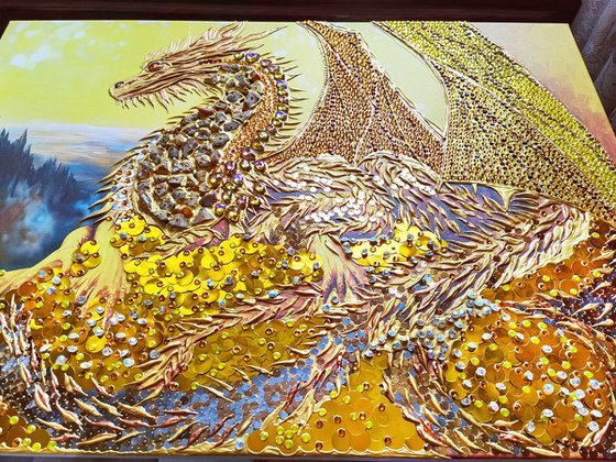 Golden dragon - original painting on canvas with crystal shimmering rhinestones and golden coins. Fantasy art.