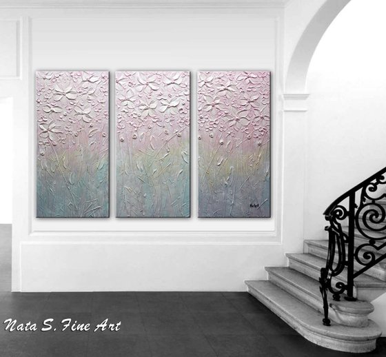 Pink Blossom - Textured Floral Art, Pink Blue Triptych of Flowers