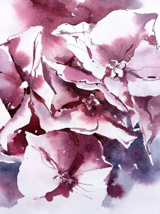 "Expressive twilight hydrangea" original watercolor artwork in square format