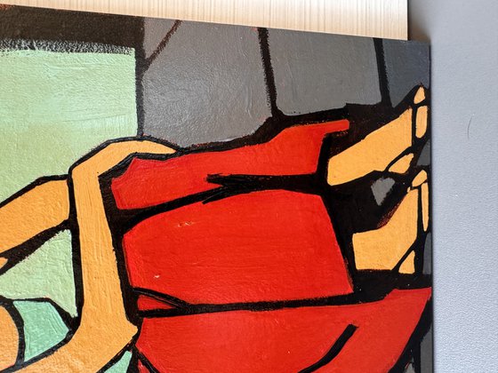 Dog and Woman in Red Skirt Small Painting