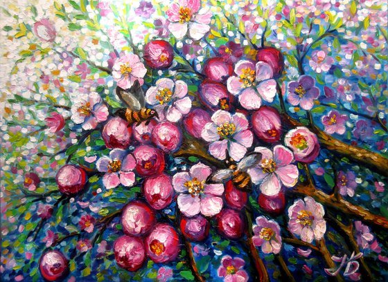 Apple Tree Blossom 18X24" Original Oil Painting by Nadia Bykova Floral Impasto