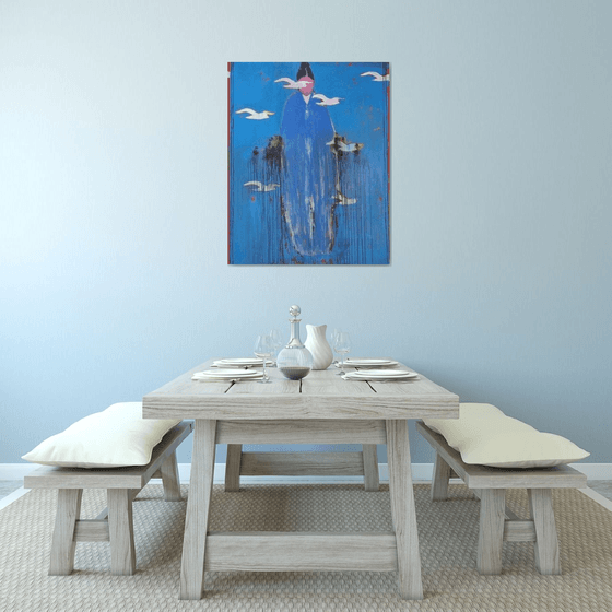 Silent Ascension – Blue Figure with Birds