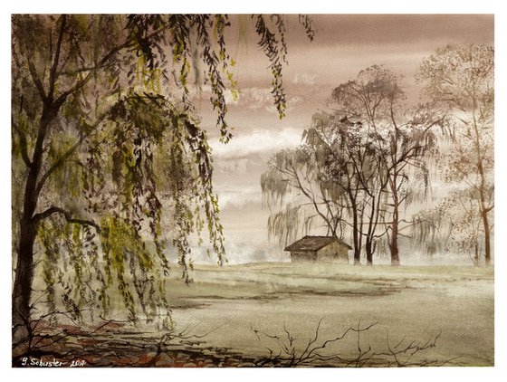 Landscape with a weeping willow tree. # 4. Watercolour landscape painting