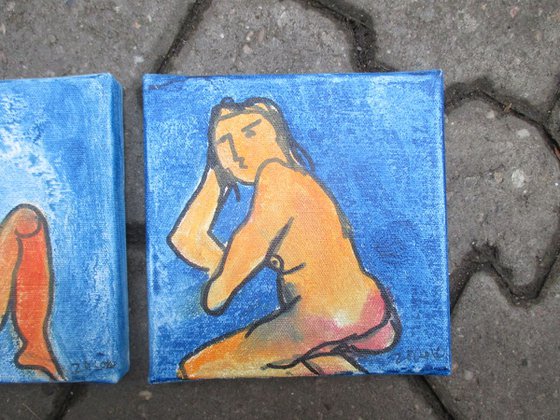 3 expressive blue girls on canvas mixed media 6 x 17,7 inch