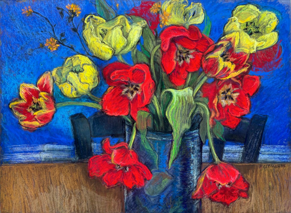 Impressionistic Botanical Pastel Drawing By Patricia Clements, 30 X 22", Tulips With Cobalt Blue, Original Artwork