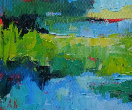 Water meadow - textured semi abstract landscape oil painting