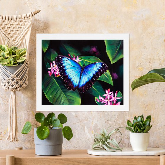 Blue butterfly and pink flowers