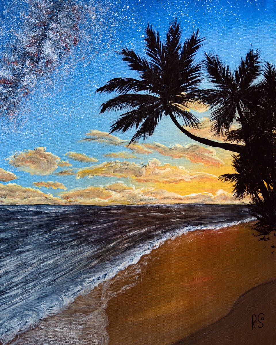 SILENT VIEW - seascape sunset, palm trees, seashore, beach, seacoast, clouds by Rimma Savina