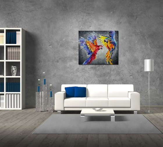 Dance in the sky - Ara parrot, bird, parrots, birds love, parrots art