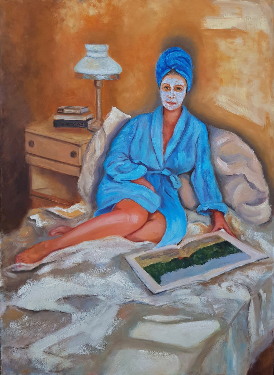 Expressive Portrait Oil Painting By Svetlana Grishkovec-Kiisky, 37 X 51", Sunday Morning, Original Artwork