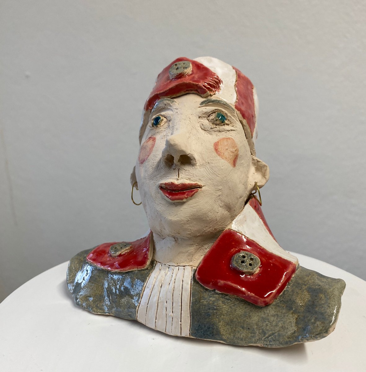 Naive Portrait Clay Sculpture By Mariann Johansen-Ellis, 6 X 5", The Good Soldier, Original Artwork