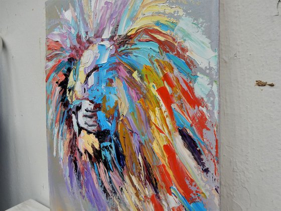 Colorful lion. Palette knife. 30x40cm