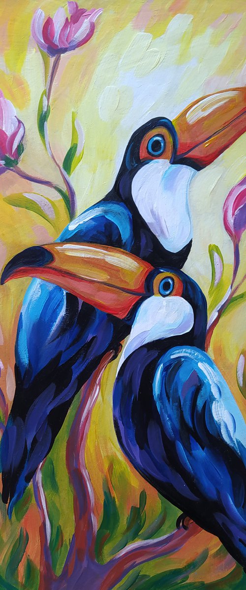 Toucans in love - toucan oil painting, love, flovers, toucan, animals, bird, birds oil painting, gift idea by Anastasia Kozorez