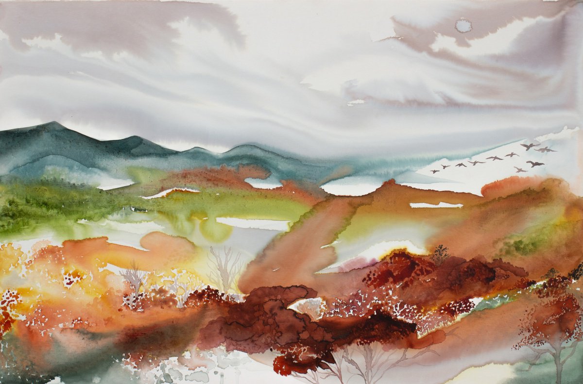 Expressive Landscape Watercolour By Elizabeth Becker, 38 X 26, Autumnal No. 32, Original Artwork